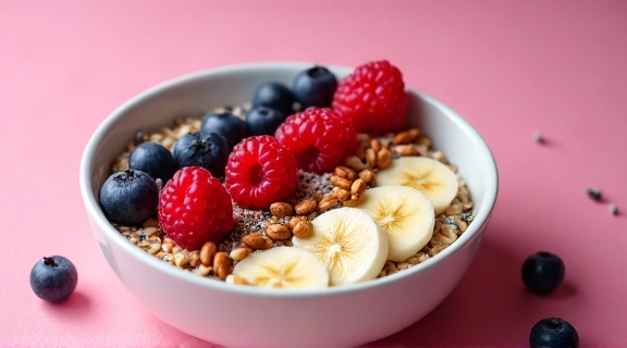 Un plato colorido de desayuno saludable con frutas, avena y nueces.