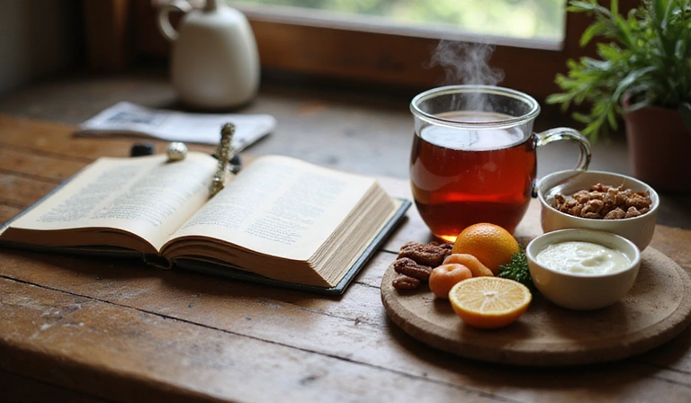 Una mesa con un cuaderno abierto, una taza de té y algunos alimentos saludables.