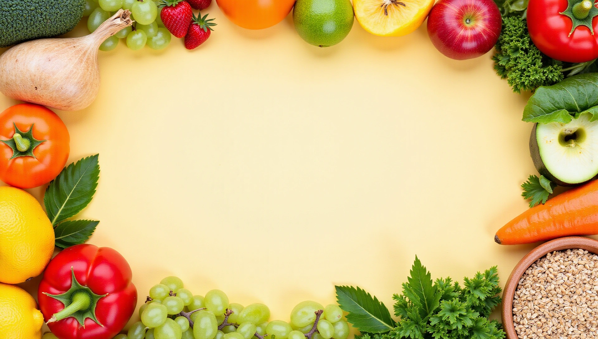 Frutas y verduras frescas, granos y un fondo luminoso que evoca bienestar y vitalidad.