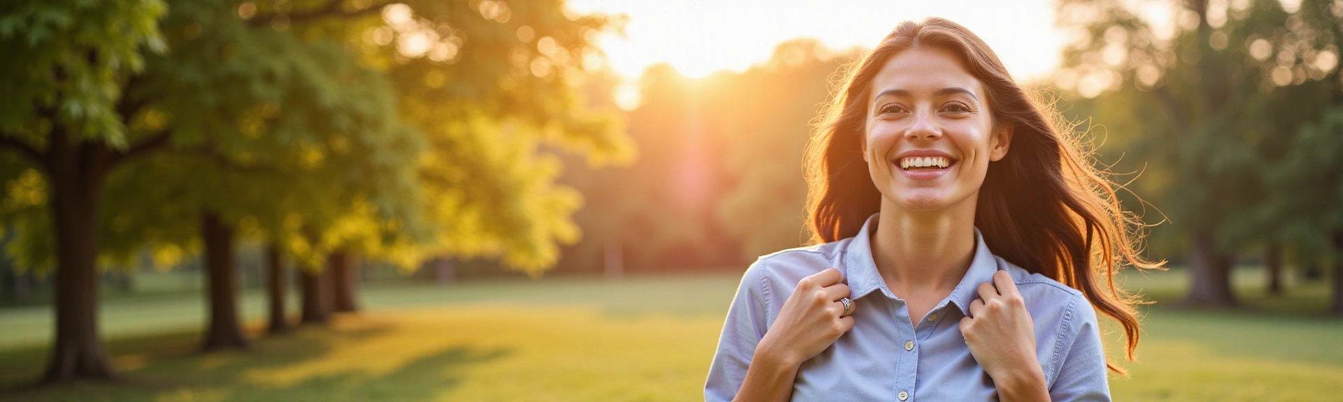 Persona sonriente y activa en la naturaleza, simbolizando salud y bienestar.