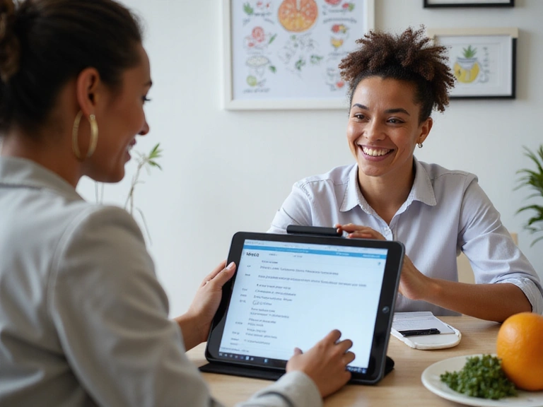 Persona completando un cuestionario de salud con un nutricionista, simbolizando la evaluación inicial.